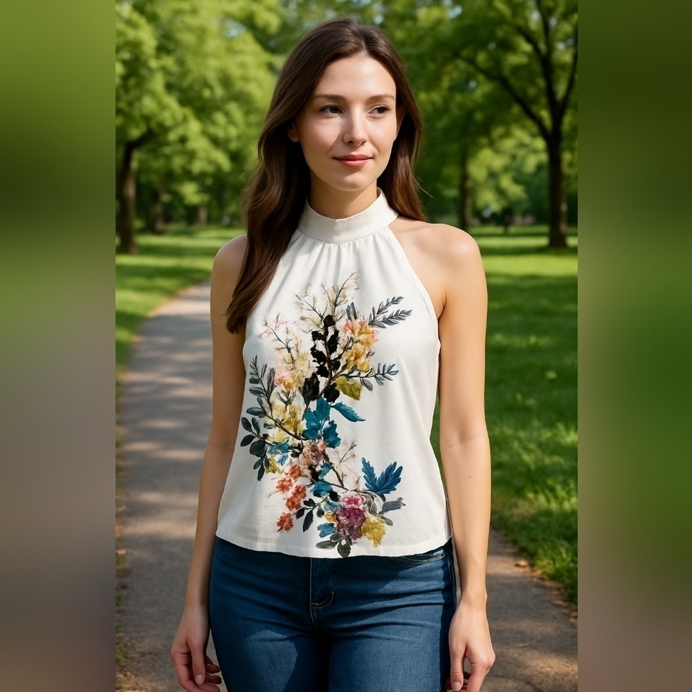 Elegant Floral Halter Top – Garden-Inspired Statement Piece Size: S/4